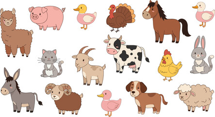 Fototapeta premium Cute farm animal cartoon set vector illustration with cow horse sheep duck dog and barnyard characters collection