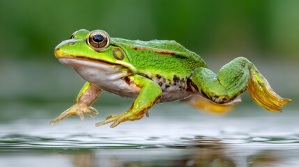 Fototapeta premium Green frog leaping over water in motion