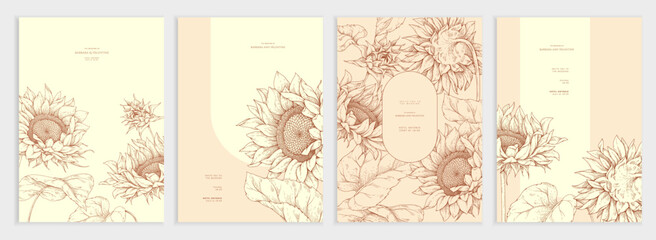 Set of card with blooming sunflower hand drawn flowers and leaves. Detailed template layout design for brochure, cover or wedding © merfin