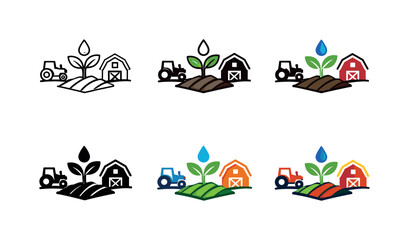 Naklejka premium Modern eco-farming icon featuring a plant seedling, tractor, water droplet, and barn, representing sustainable agriculture