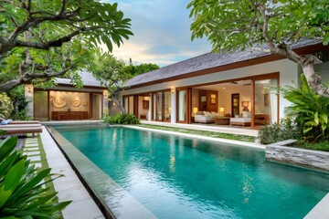 Obraz premium Luxury villa with swimming pool and tropical garden in bali style