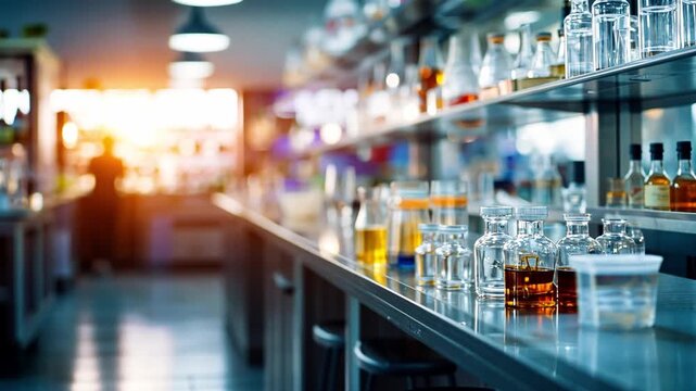 Laboratory Setting with Glassware and Colorful Liquids at Sunset
