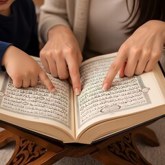 Naklejka premium A mother and child's hands attentively point at the sacred Arabic text within an open Holy Quran placed on a wooden stand, illustrating a moment of shared religious learning and spiritual guidance.