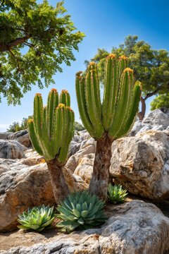Desert garden featuring euphorbia cactoid succulents among rocks