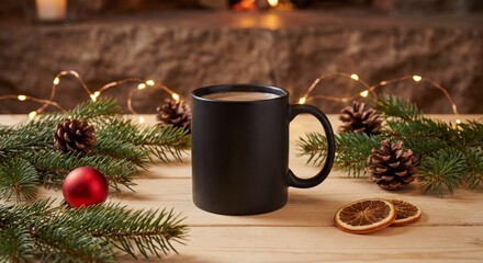 A black mug of hot chocolate rests on a wooden table surrounded by festive Christmas decorations including pine branches, pine cones, and fairy lights