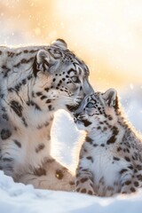 Fototapeta premium Snow leopard and cub in winter scene