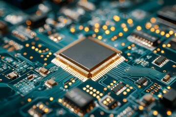 Close up of computer motherboard and microchips, technology hardware, futuristic