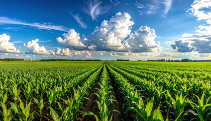 Endless green corn field under a bright blue sky with white clouds