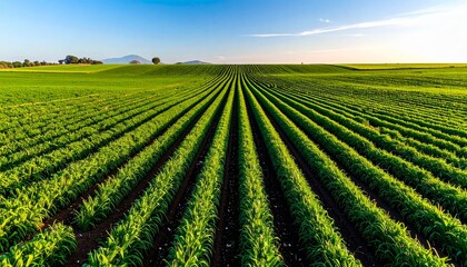 Vast green agricultural field with neat rows stretching towards the horizon under a clear blue sky