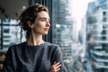 Naklejka na ściany i meble Female leader looking out office window city view