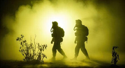 Naklejka premium Silhouetted tactical team in gas masks walking through thick yellow chemical gas fog