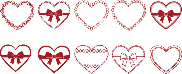 Red heart silhouette set with decorative lace borders and elegant ribbon bows for cad drawing flat vector illustration greeting cards, © MDMOHOBBAT