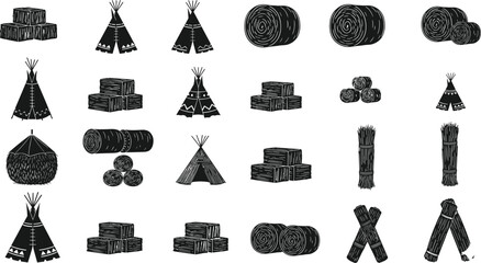 Vector illustration of hay bales, straw bundles, and rustic teepees in black silhouette style for agriculture, rural life, and traditional design © Rayhan