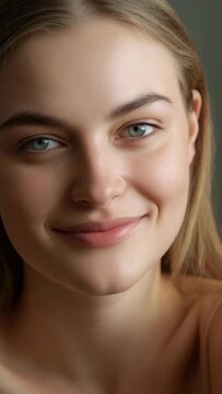 Vertical video: Blinking after prompt, woman smiling in studio, bare-shouldered with dimpled smile
