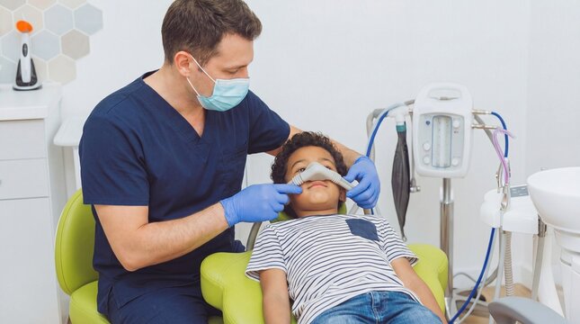 Male dentist in scrubs placing a nitrous oxide sedation mask on a calm little boy in a dental chair, pediatric dentistry, safe medical care, pain free treatment.