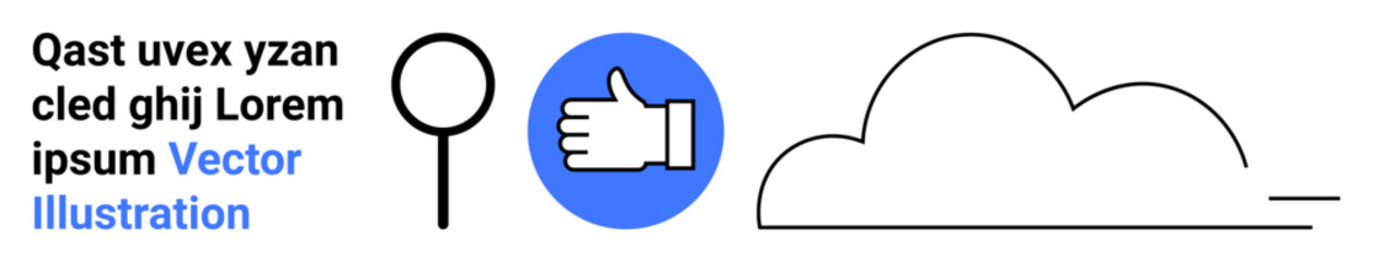 Obraz premium Technology, social media, cloud computing, analysis, approval, feedback. Graphic features a magnifying glass, a thumbs-up icon and a cloud outline. Technology and social media concept