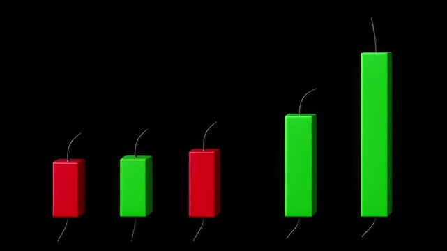 Financial chart illustration showing green and red candlestick patterns on a black background, viewed from a straightforward perspective.
