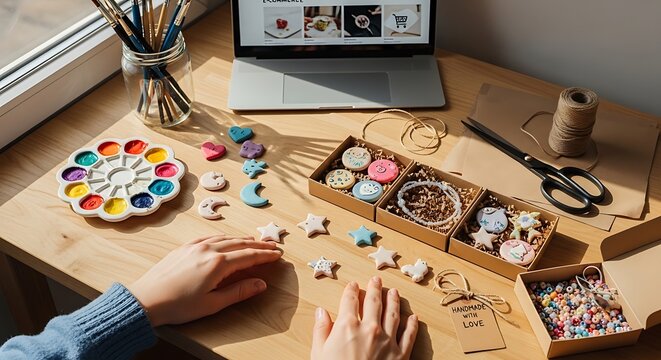 Artisan workspace with crafting supplies and laptop computer overhead view