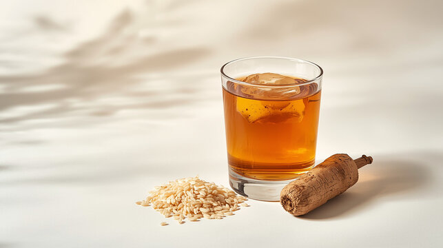traditional jamu beras kencur in transparent glass with rice grains and kencur root beside it