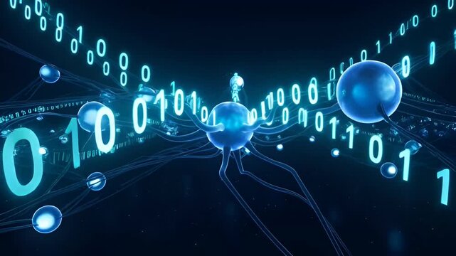 Advanced Technology Circuit Board with Binary Code and Blue Spheres in a Futuristic Digital Environment from a Low Angle Viewpoint
