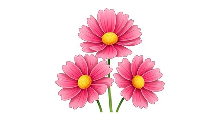 Three vibrant pink flowers with yellow centers illustration