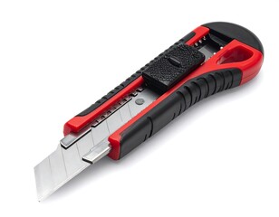 Red and black utility knife with sliding blade, resting on a white surface
