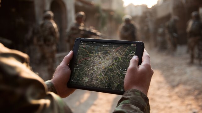 Soldier using tablet with map display