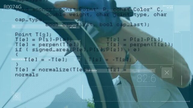 Animation of data processing over caucasian female biker with bike