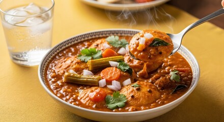 Traditional South Indian breakfast of sambar idli with drumsticks and carrots in a ceramic bowl