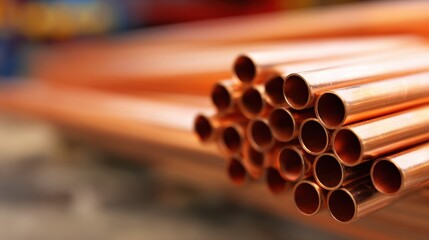 Copper pipes stacked together in a warehouse for plumbing use