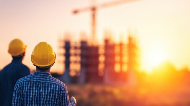 Workers observe construction site at sunset in urban area