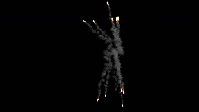 Realistic 3D animation of glowing flares or missiles with thick smoke trails falling through the frame, isolated on black background for easy compositing