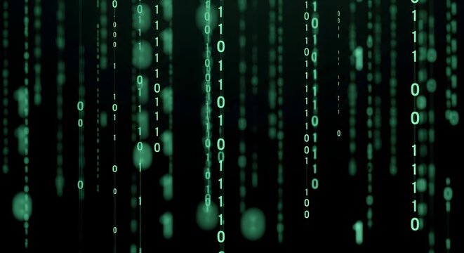Green binary code on black background with blurred digital rain effect green numbers computer code