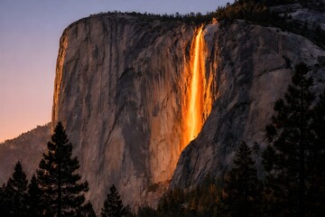 Golden Light Waterfall Over Granite Cliff at Sunset