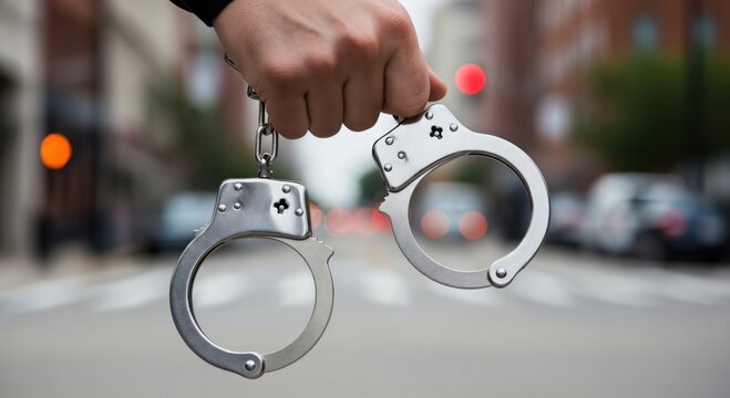Hand holding silver metal handcuffs on blurred city street for law enforcement and arrest concept