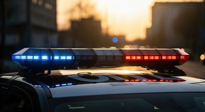 Police Car Light Bar Flashing During DUI Checkpoint at Sunset on City Street