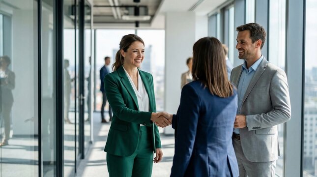 Three business professionals shaking hands in a modern office building with a city view