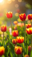 Naklejka premium Red and yellow tulips basking in golden sunlight, soft bokeh background, vertical crop
