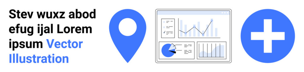 Obraz premium Analytics charts, graphs, blue location pin, and medical cross, representing data visualization, healthcare, geographic services. Ideal for statistics, health tech maps trends reports