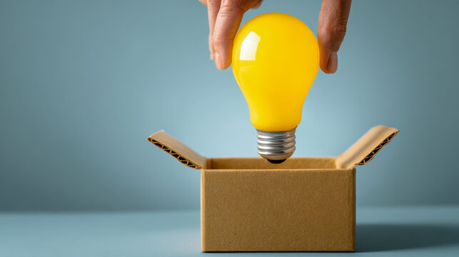 Hand placing a bright yellow light bulb into an open cardboard box symbolizing creativity and innovative ideas in a minimalistic setting