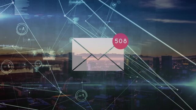 Animation of network of connections with email over cityscape