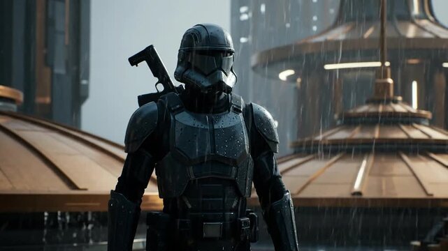 Futuristic soldier standing in front of a metallic structure on a rainy day.