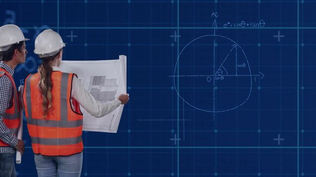 Animation of mathematical equations over caucasian workers with schema