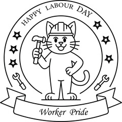 Labour Day celebration with happy cartoon cat worker