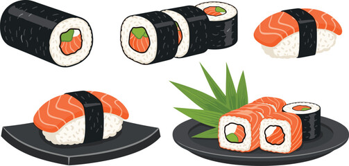 Salmon Sushi and Maki Roll Set Isolated on White Background Flat Vector Illustration © Mukta  Creative