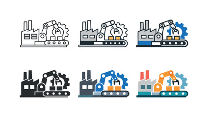 Obraz premium Industrial Icon Grid. Automation and industrial production icon combining a factory building, robotic arm, conveyor belt, and