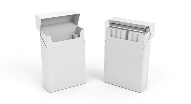 Two white cigarette boxes one open and one closed on a plain background product packaging