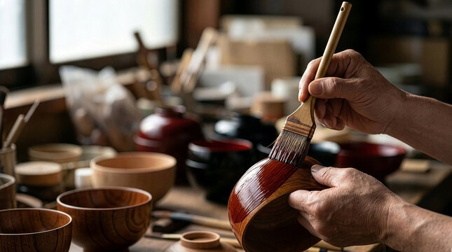 Lacquerware Artist - Applying traditional Urushi lacquer with a delicate brush stroke on a wooden bowl with clean copy space - High resolution stock photo