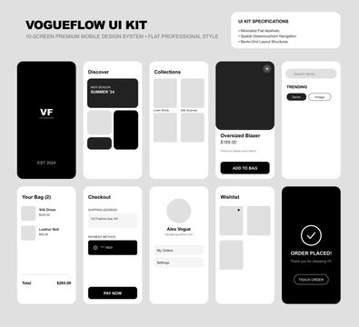"This UI Kit exudes a high-contrast, sophisticated mood characterized by its monochrome palette and minimalist flat aesthetic. The layout utilizes a modern 'Bento-Grid' structure and 'Spatial 
