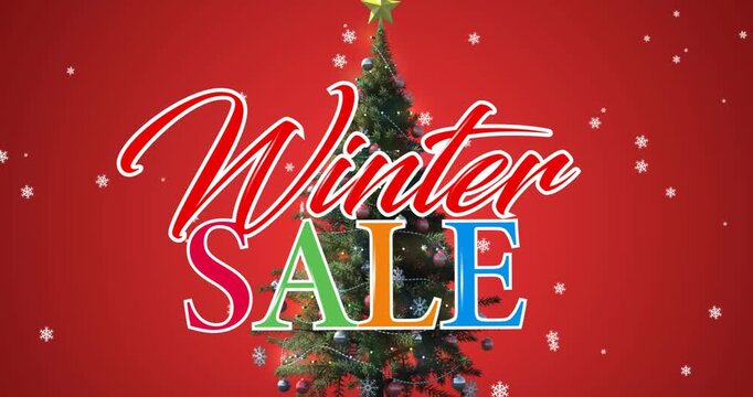Animation of winter sale text over christmas tree and red background